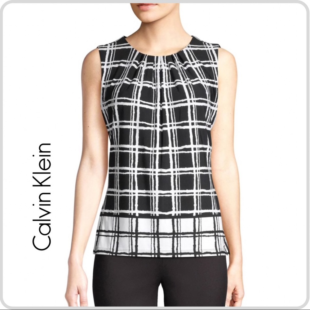 Calvin Klein Sleeveless Pleated Grid Print Top